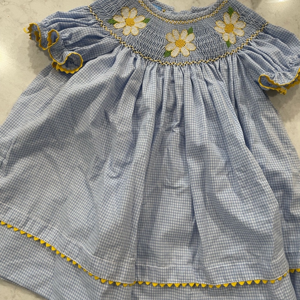 Easter Spring Smocked Dress Baby - Blue Gingham Dress with Floral Embroidery
